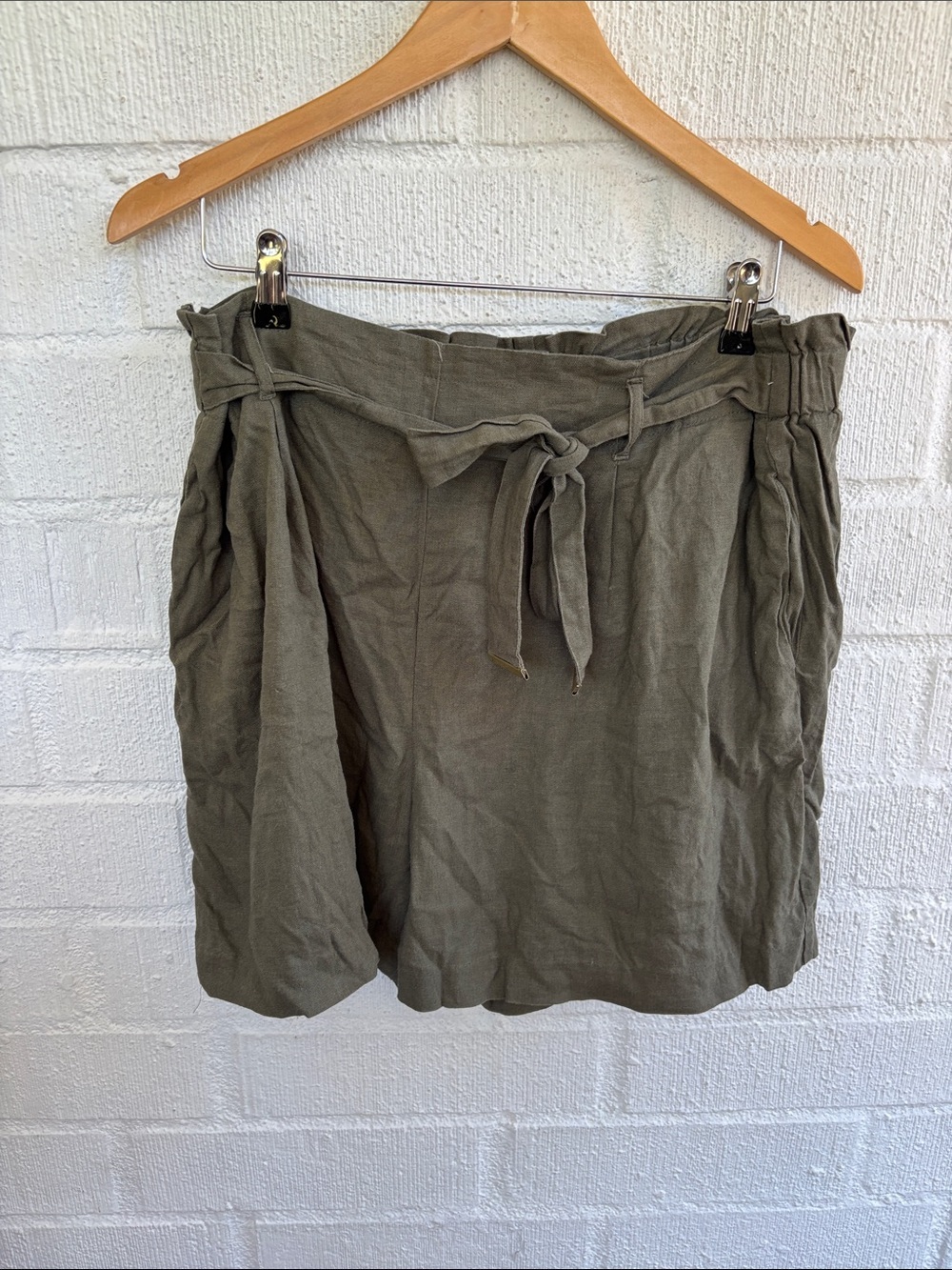 Anne Klein Linen Olive Green Paper Bag Elastic Shorts sz XL